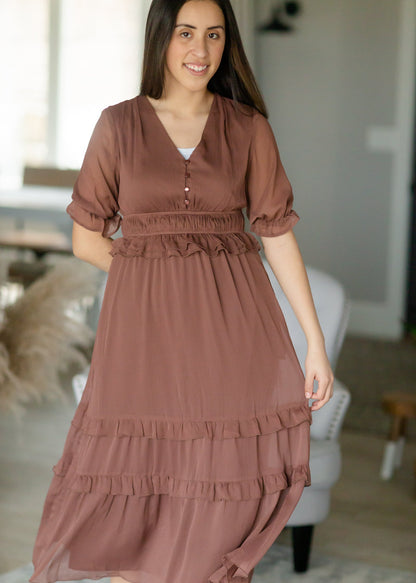 Mocha Chiffon Tiered Ruffle Midi Dress - FINAL SALE Dresses