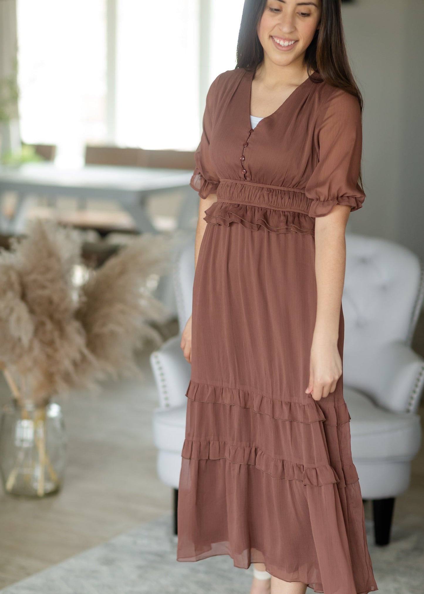 Mocha Chiffon Tiered Ruffle Midi Dress - FINAL SALE Dresses