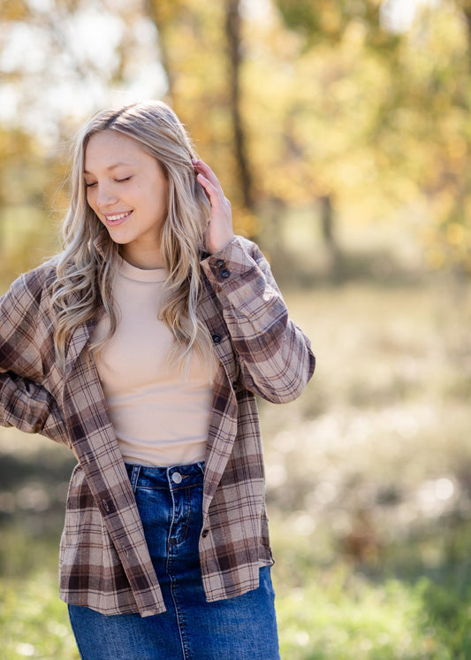 Mocha Plaid Flannel Top Tops Mystree S