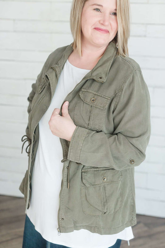 Modest Olive Cargo Jacket | Cinch Waist Layering Essentials