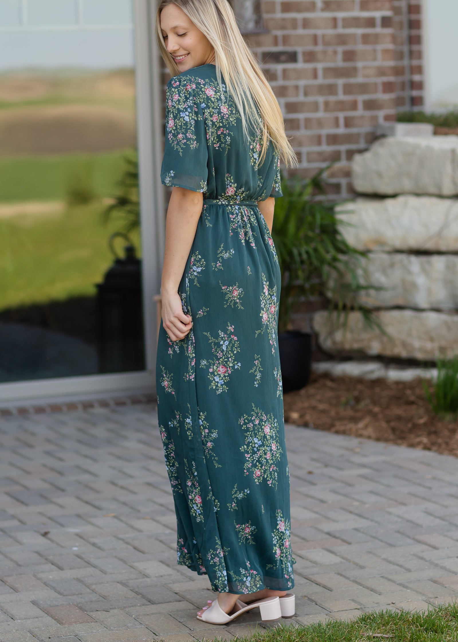 Moss Green Floral Maxi Dress Dresses