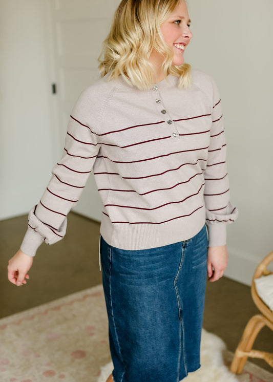 Mulberry Striped Button Detail Sweater - FINAL SALE Tops