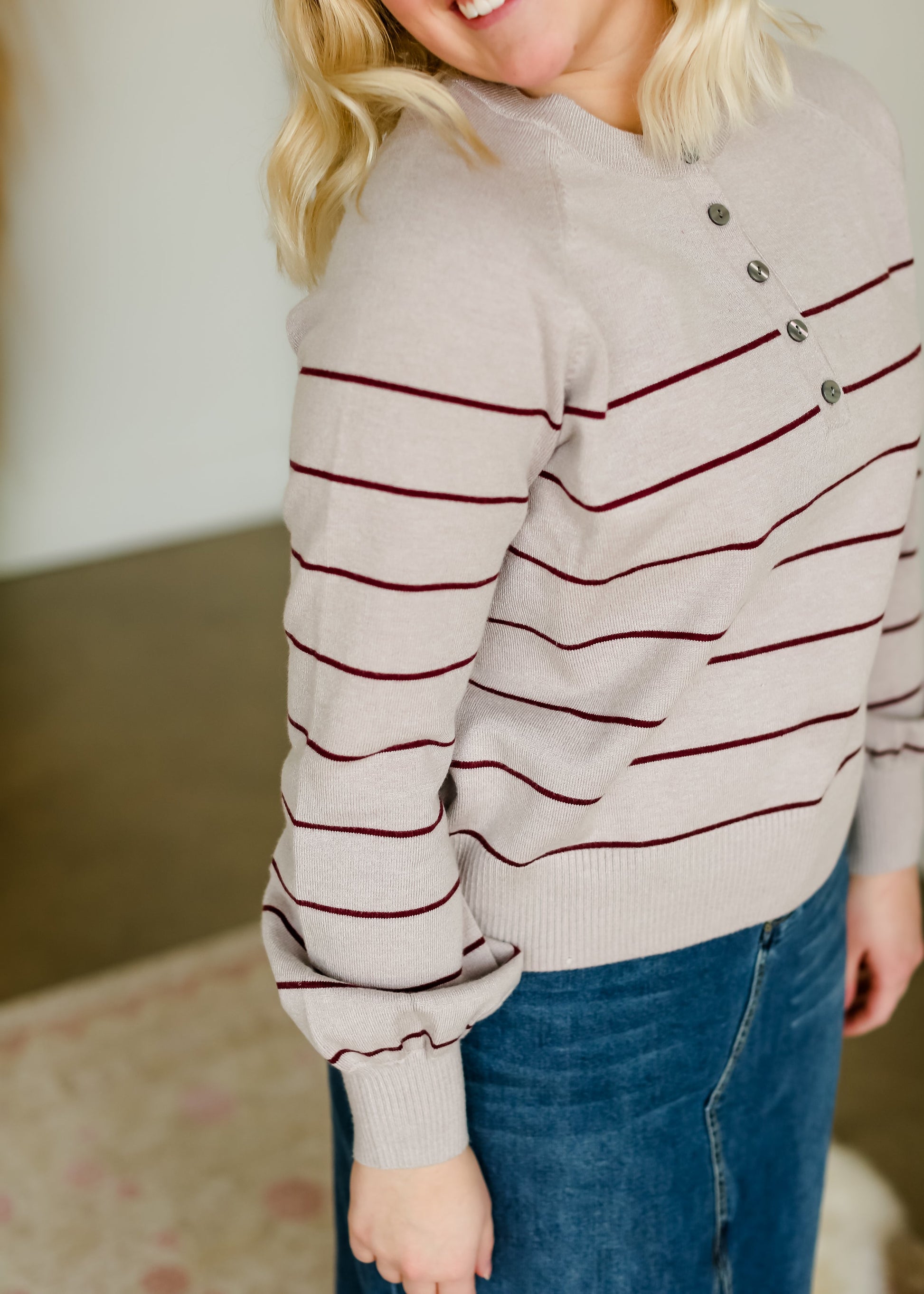 Mulberry Striped Button Detail Sweater - FINAL SALE Tops