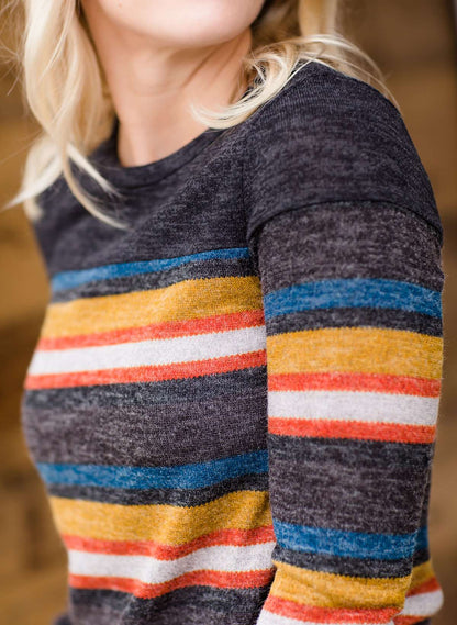 Women's modest multi striped mustard red blue sweater