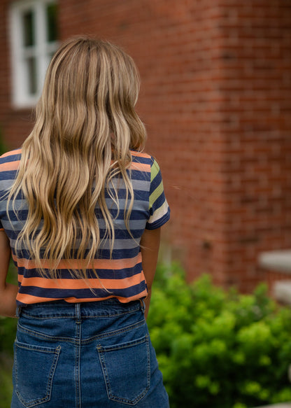 Multi Stripe Casual Short Sleeve Tee Tops