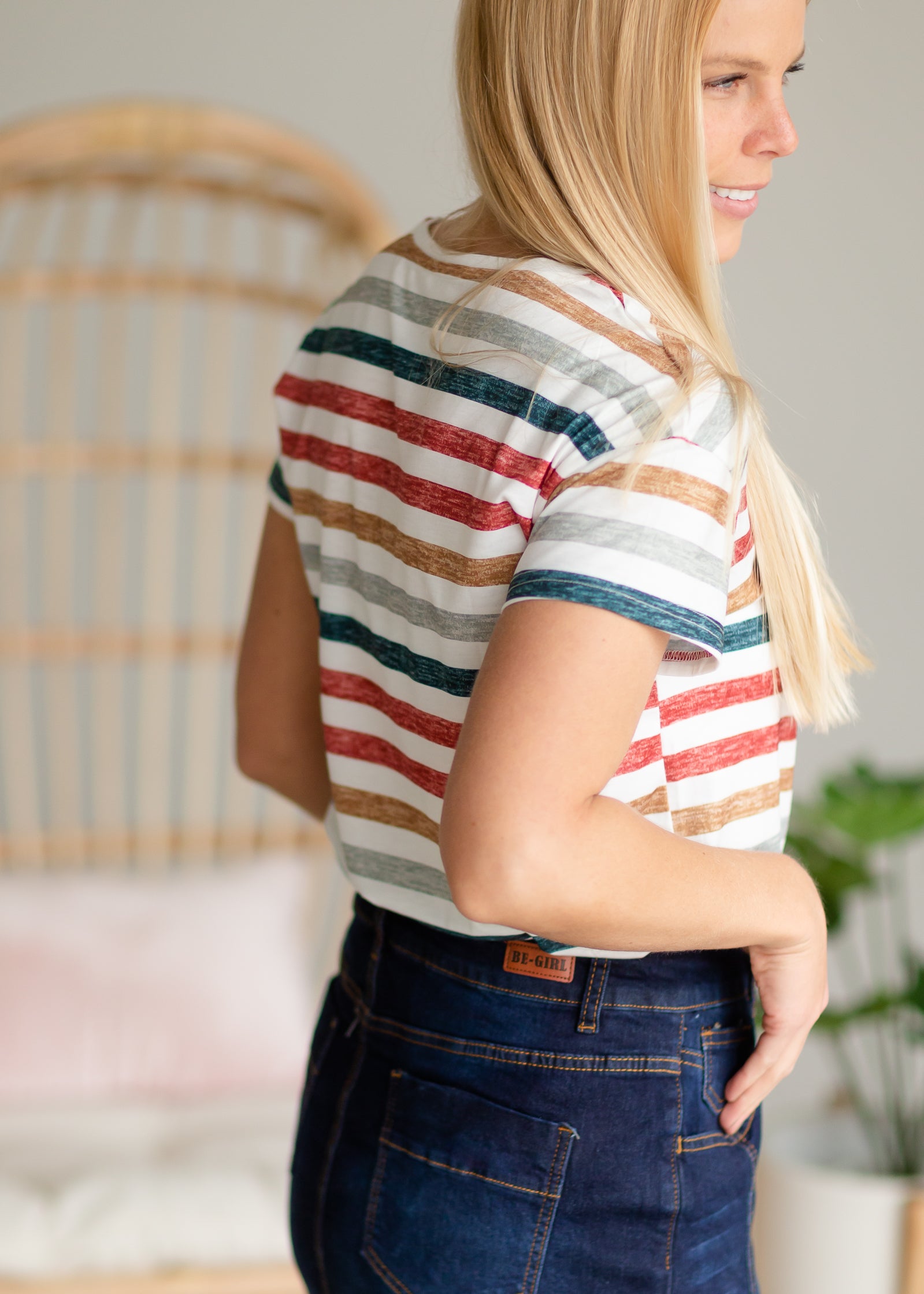 Multi Stripe Short Sleeve V-Neck Tee Tops