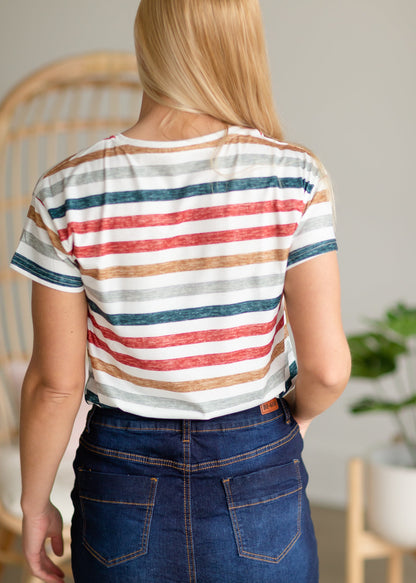 Multi Stripe Short Sleeve V-Neck Tee Tops