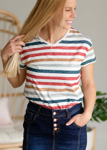 Multi Stripe Short Sleeve V-Neck Tee Tops