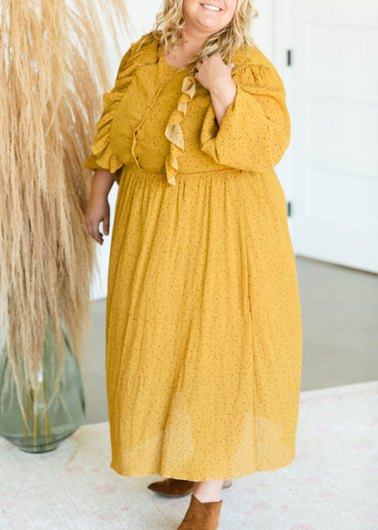 Mustard Button Front Ruffle Maxi Dress - FINAL SALE Dresses