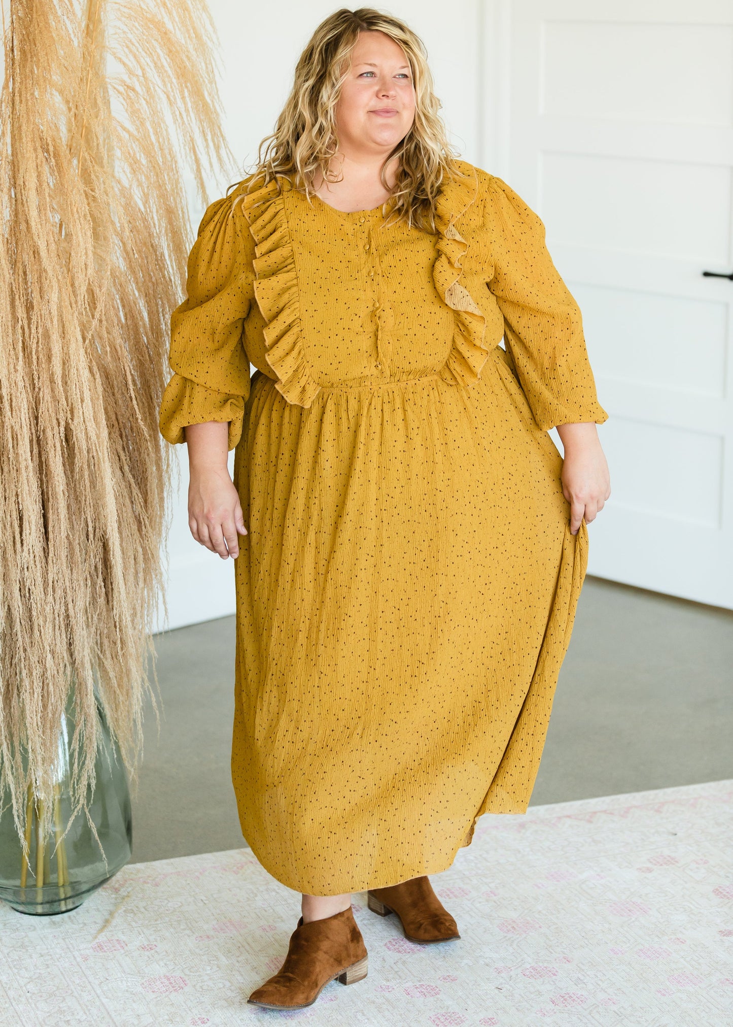 Mustard Button Front Ruffle Maxi Dress - FINAL SALE Dresses