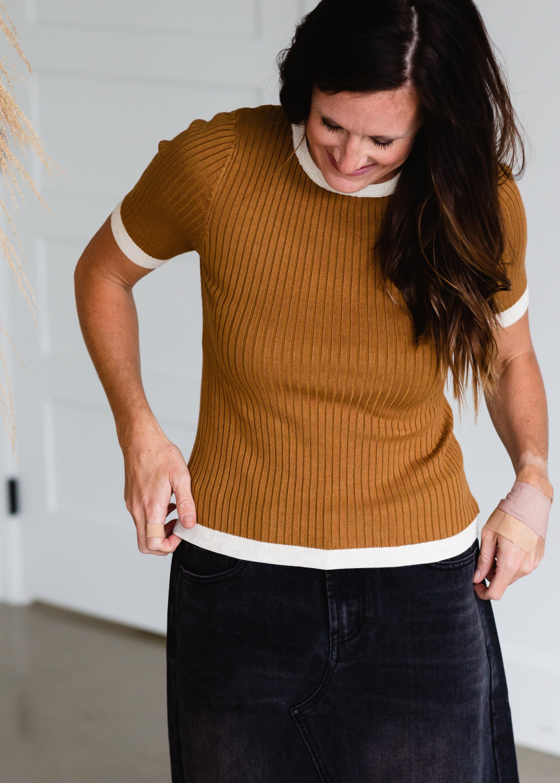 Mustard Contrast Ribbed Knit Top - FINAL SALE Shirt