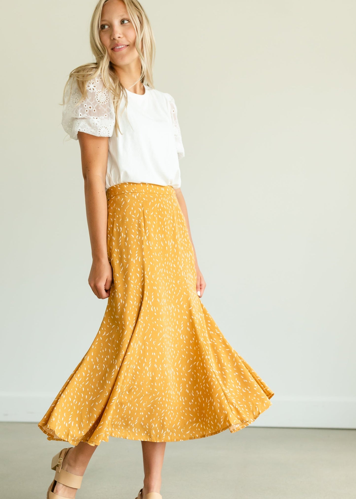 Mustard Flare Printed Midi Skirt Skirts