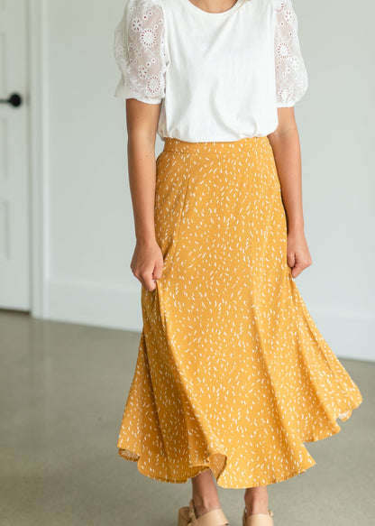 Mustard Flare Printed Midi Skirt Skirts