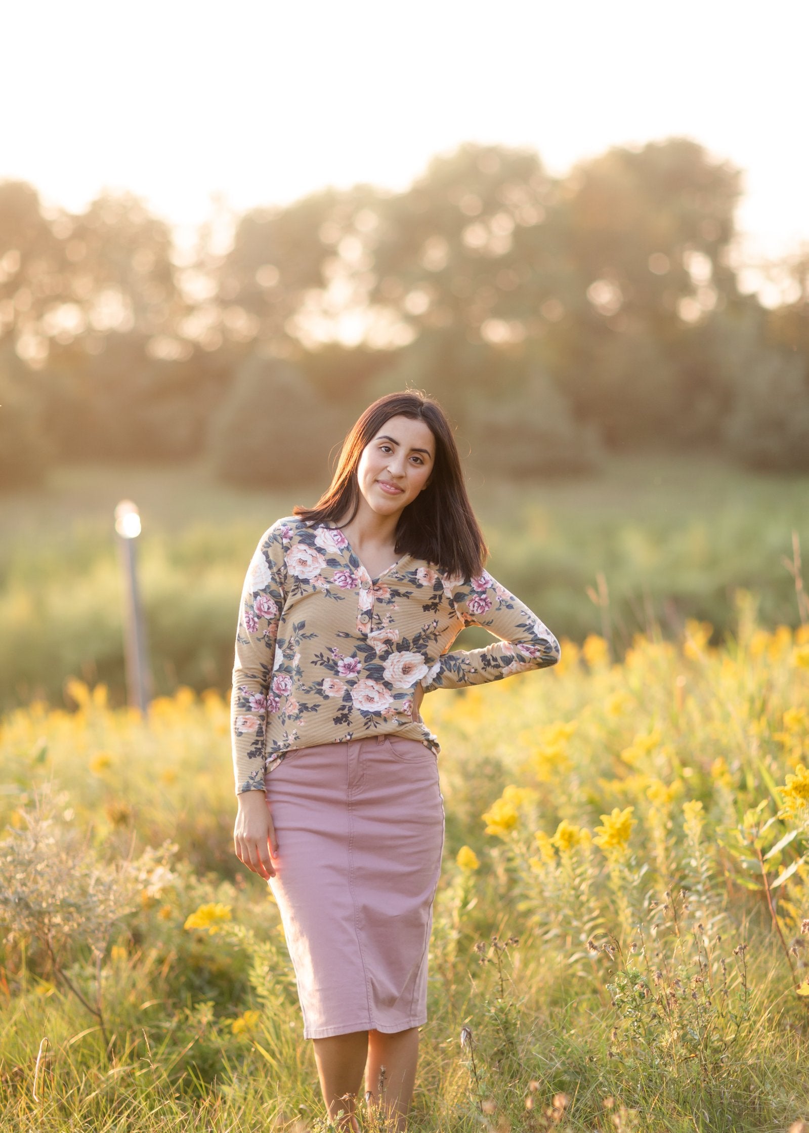 Mustard Floral Faux Button Top Tops BomBom