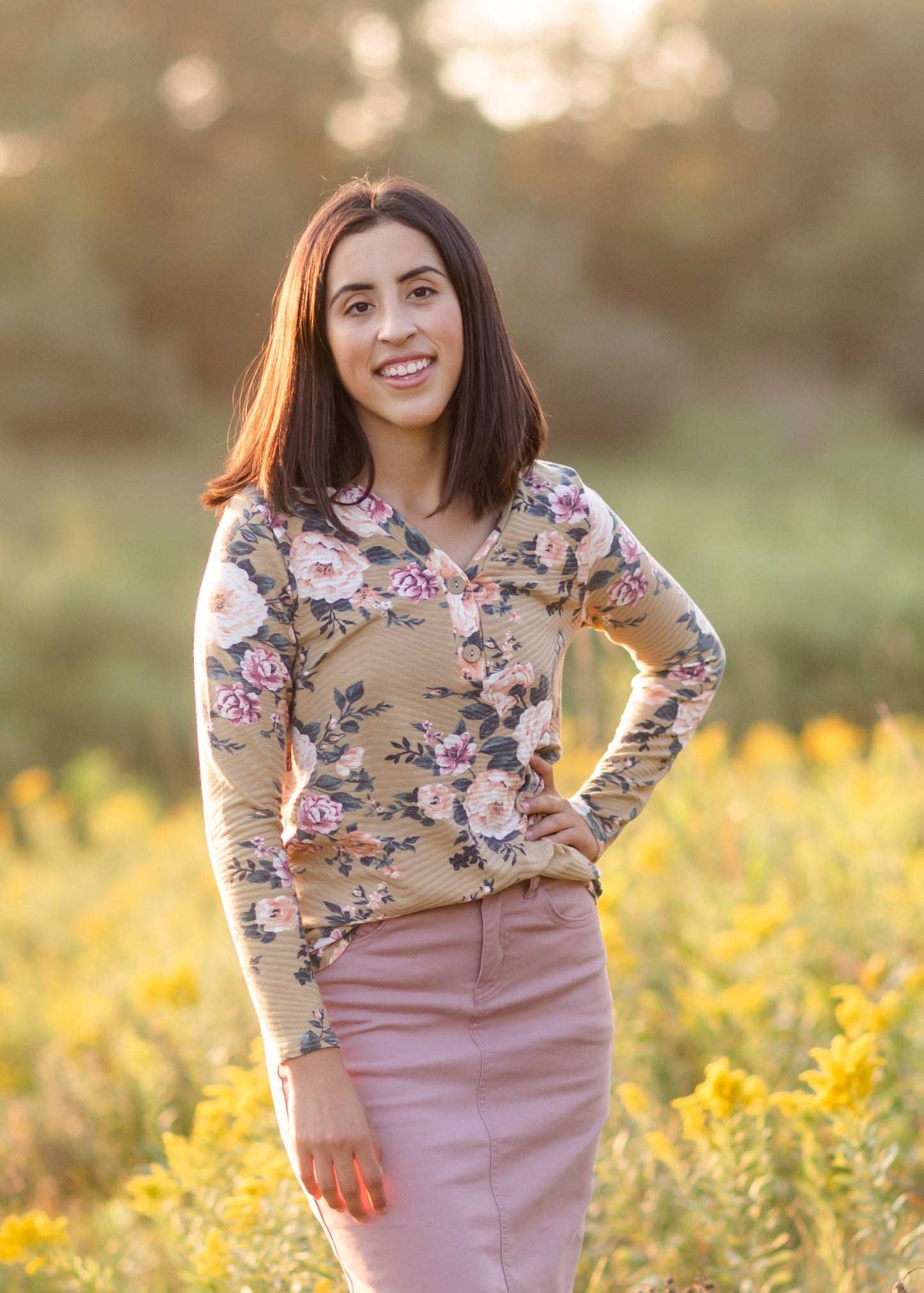 Mustard Floral Faux Button Top Tops BomBom