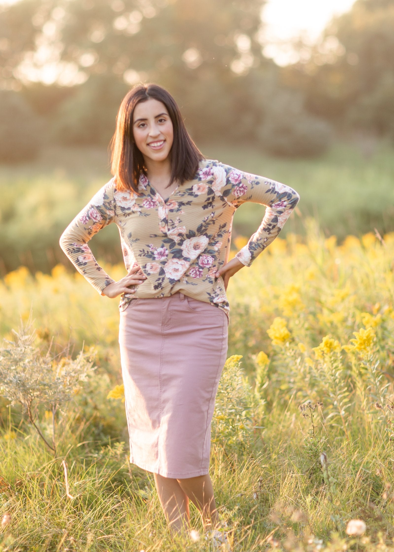 Mustard Floral Faux Button Top Tops BomBom