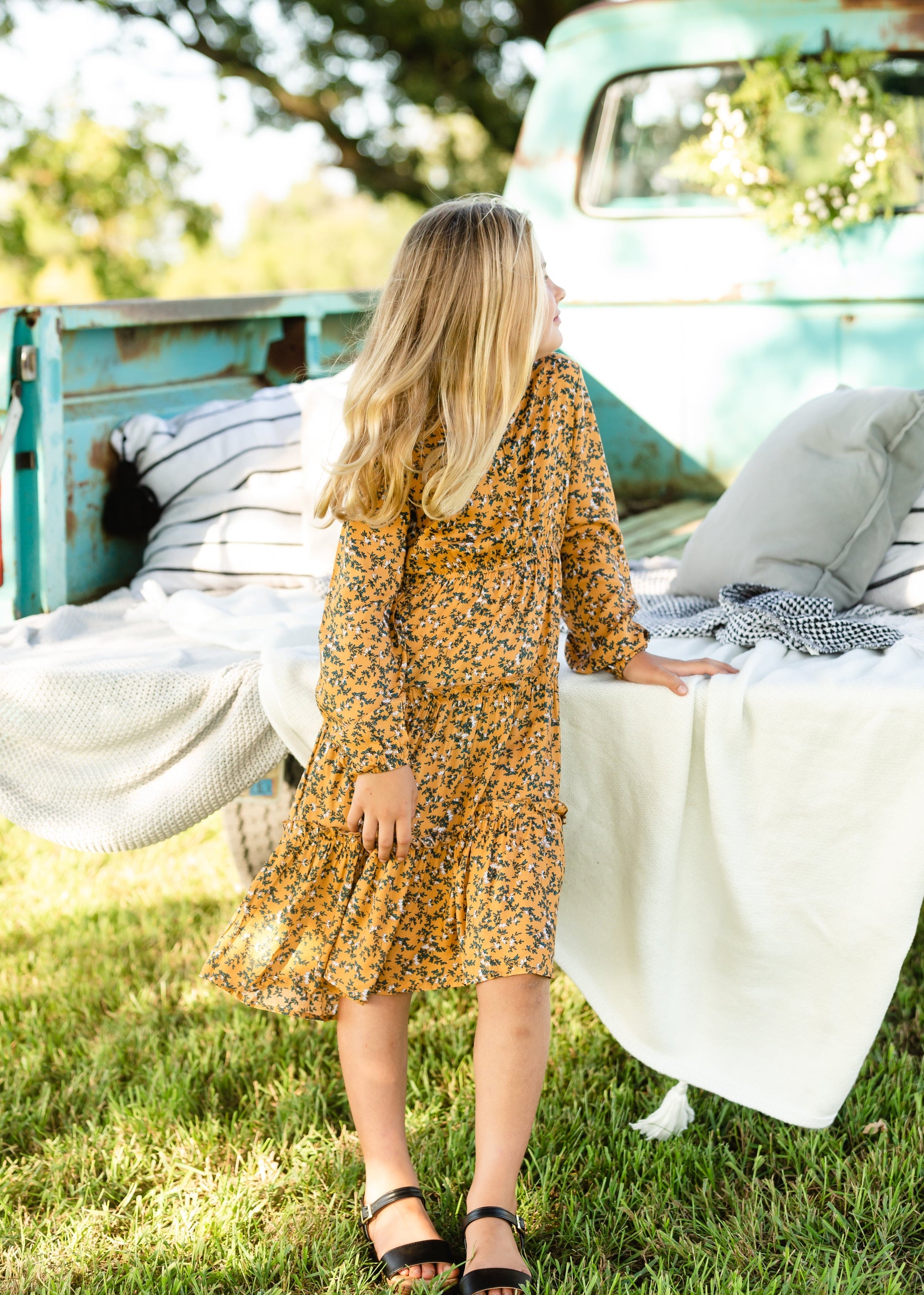 Mustard Floral Tiered Midi Dress Dresses