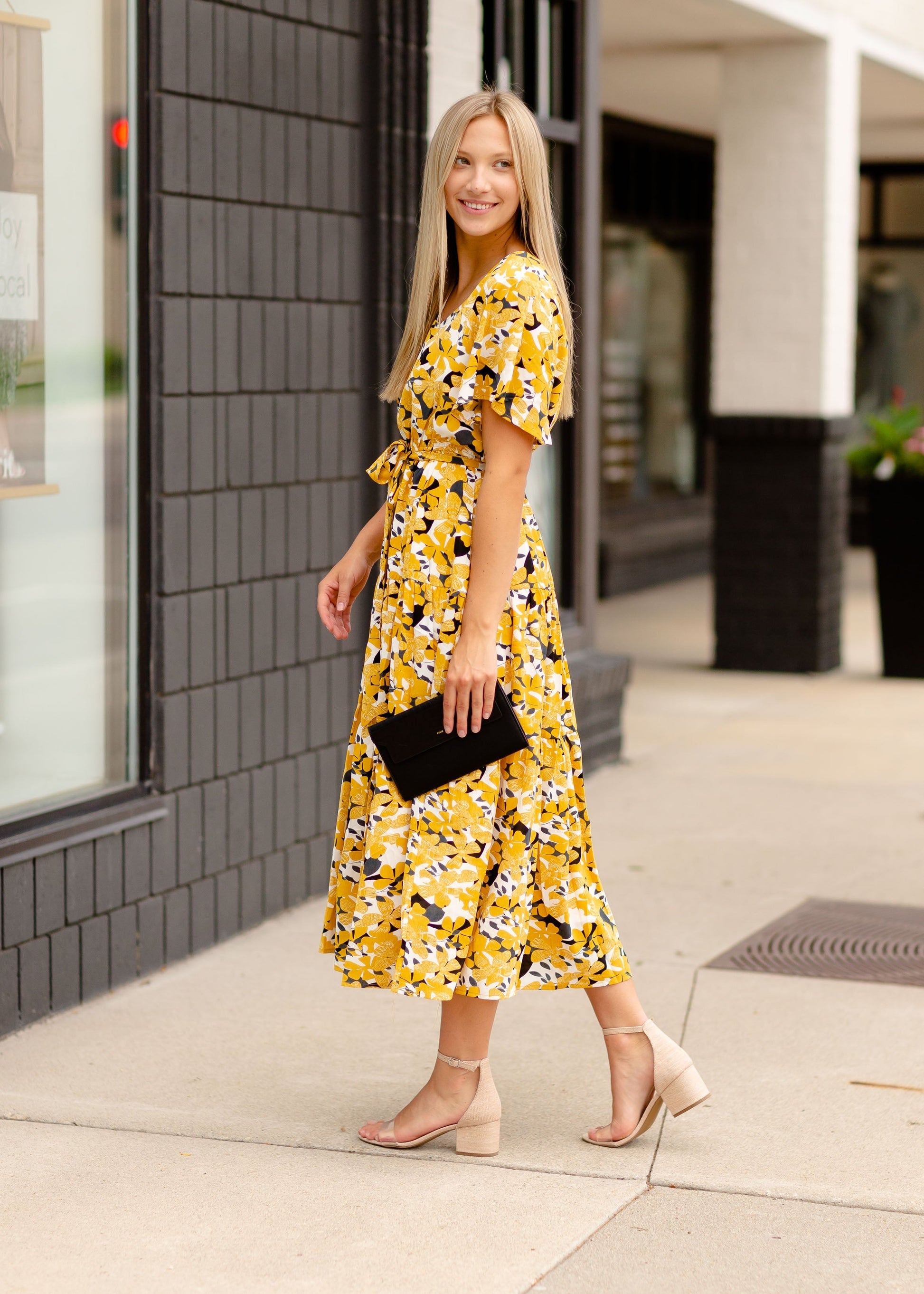 Mustard Floral V-Neck Midi Dress Dresses