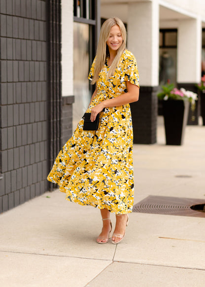 Mustard Floral V-Neck Midi Dress Dresses