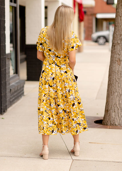 Mustard Floral V-Neck Midi Dress Dresses