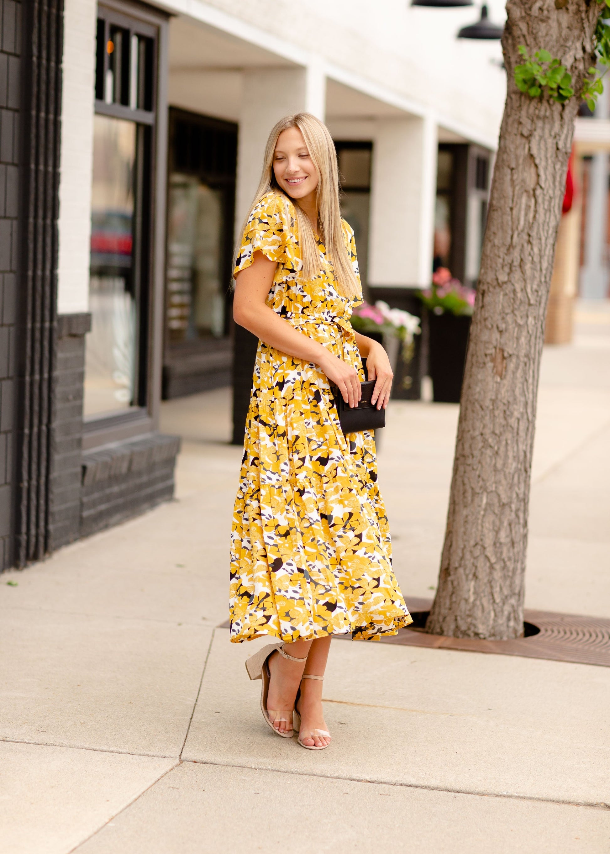 Mustard Floral V-Neck Midi Dress Dresses