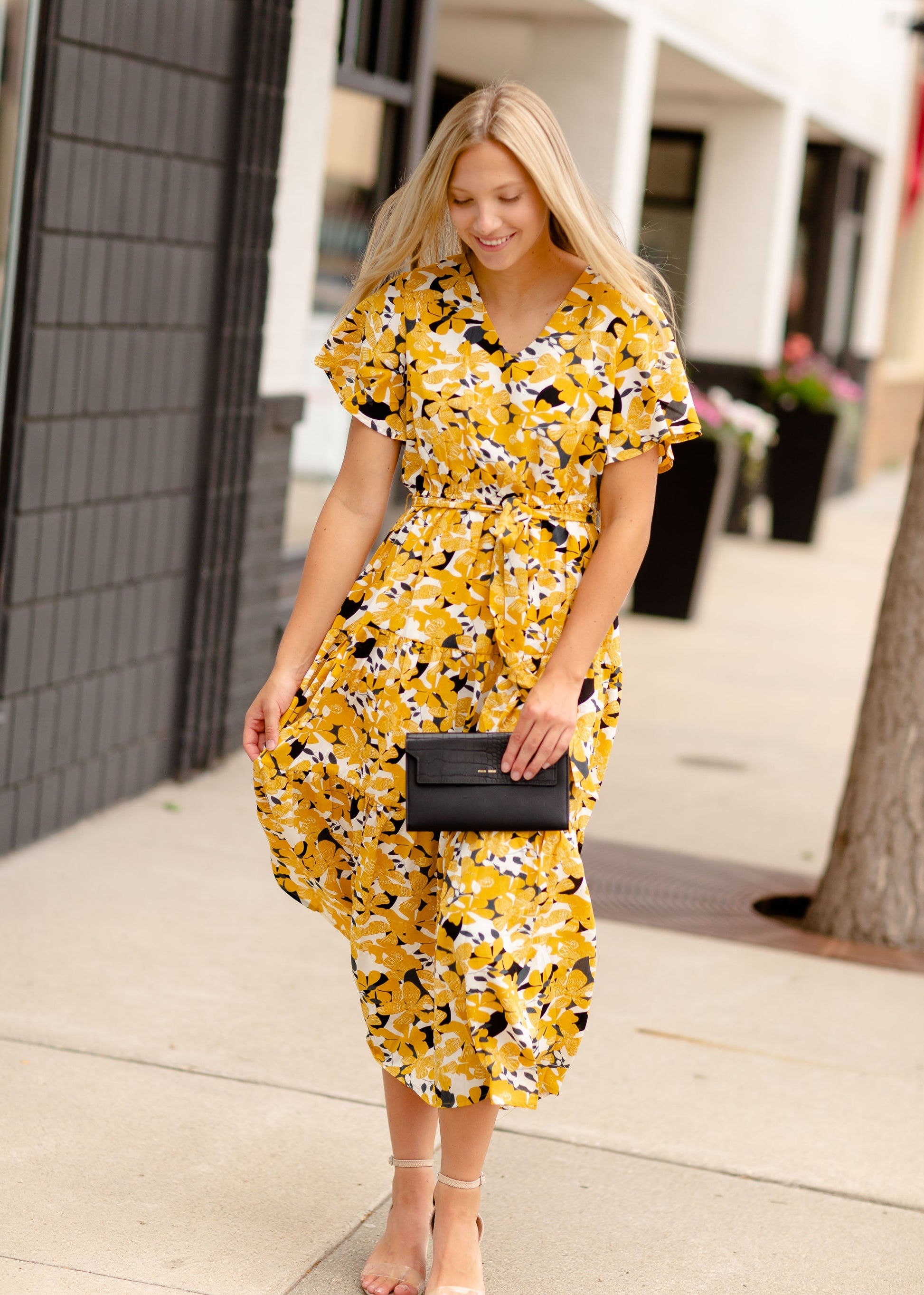 Mustard Floral V-Neck Midi Dress Dresses