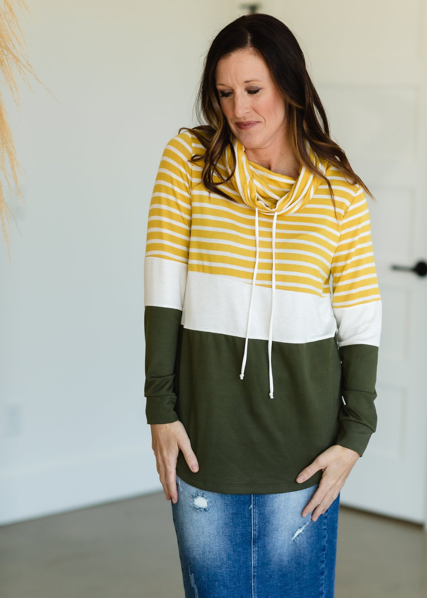 Mustard Striped Mock Neck Top - FINAL SALE Tops