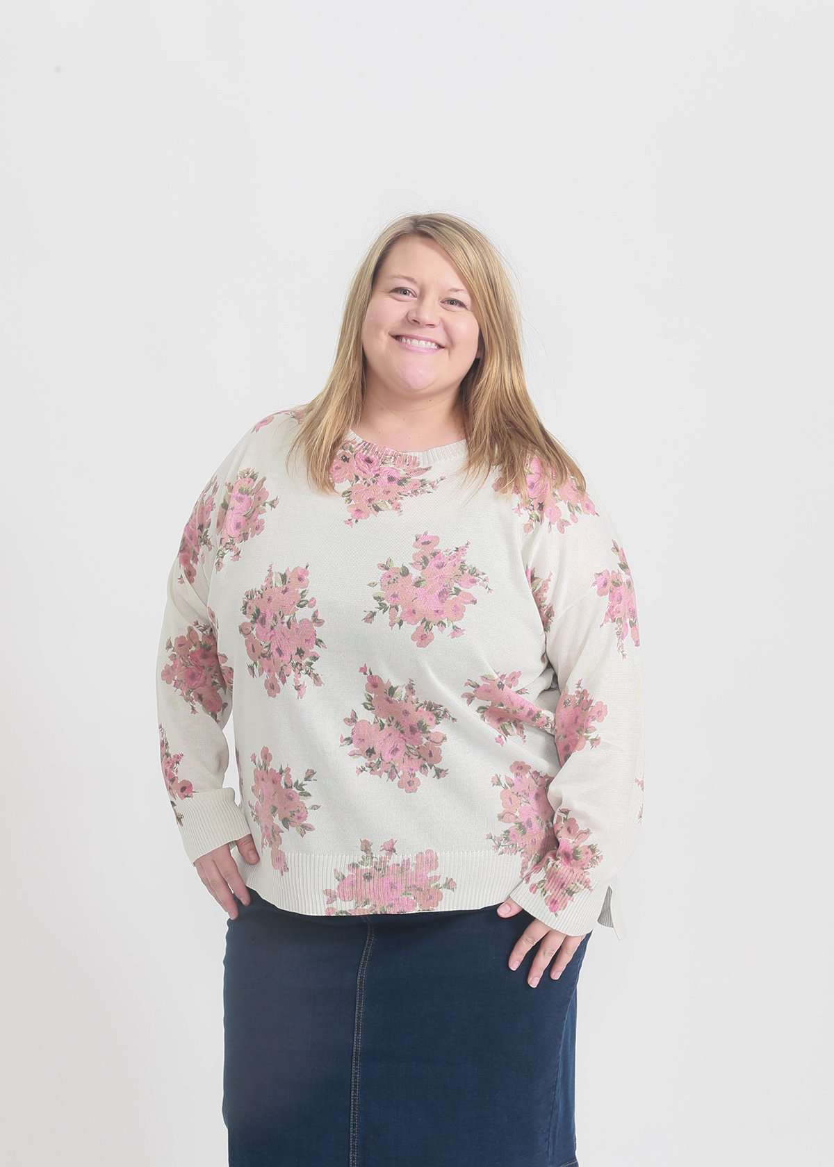 Ivory plus size sweater with blush florals all over