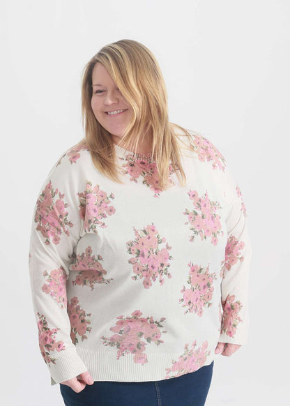 Ivory plus size sweater with blush florals all over