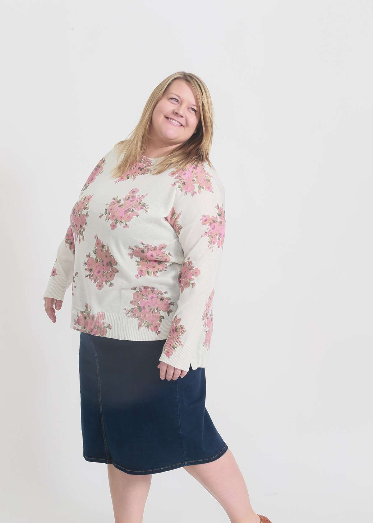 Ivory plus size sweater with blush florals all over