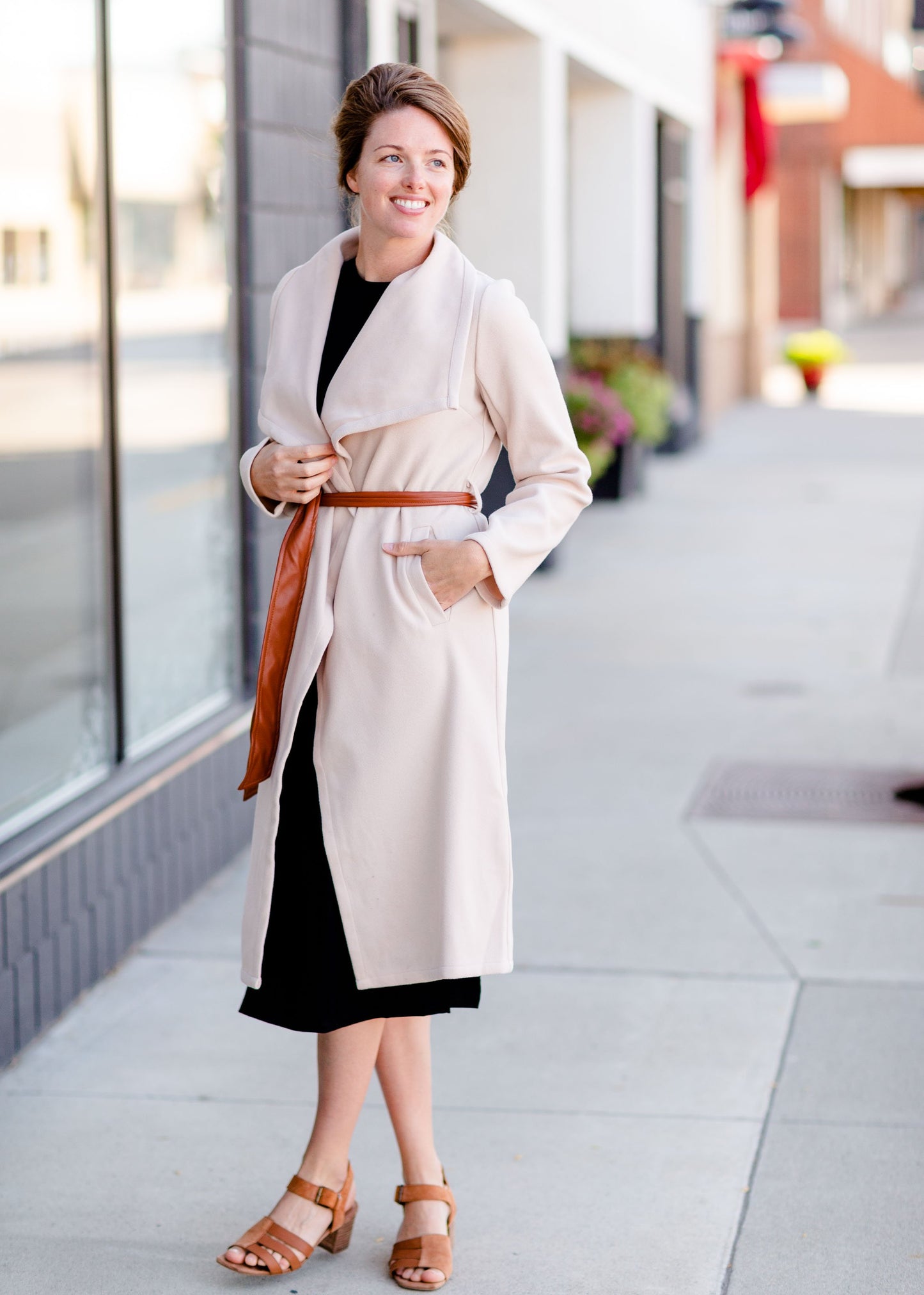 Natural Draped Neck Belted Coat Tops Hem & Thread