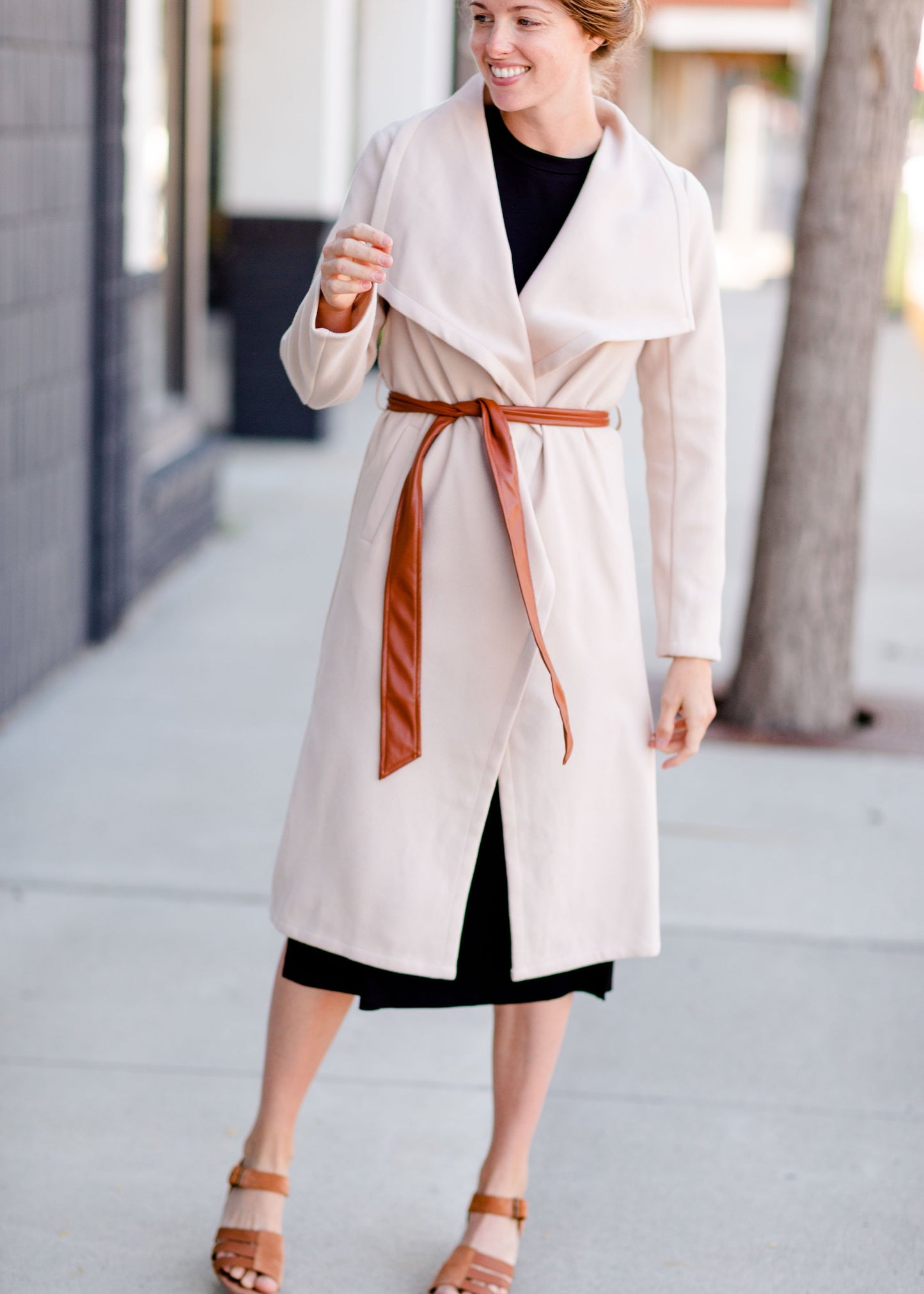 Natural Draped Neck Belted Coat Tops Hem & Thread