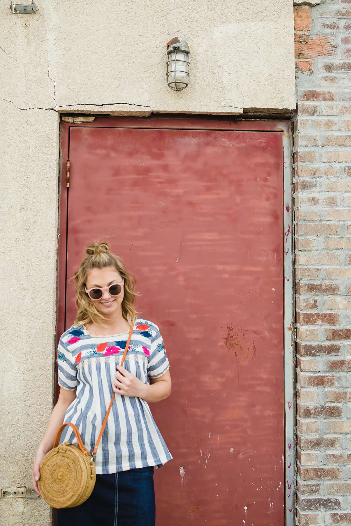 women's modest blue and white striped top with embroidered flowers