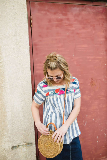 women's modest blue and white striped top with embroidered flowers