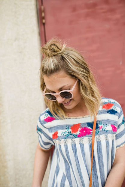 women's modest blue and white striped top with embroidered flowers