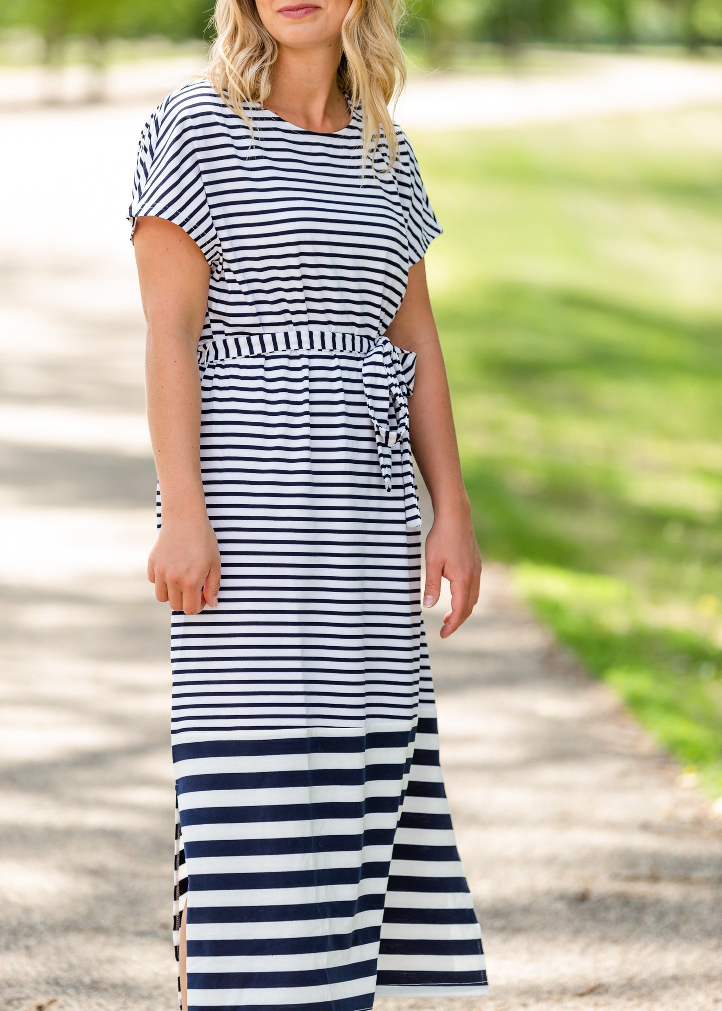 Navy and White Striped Tie Midi Dress Dresses