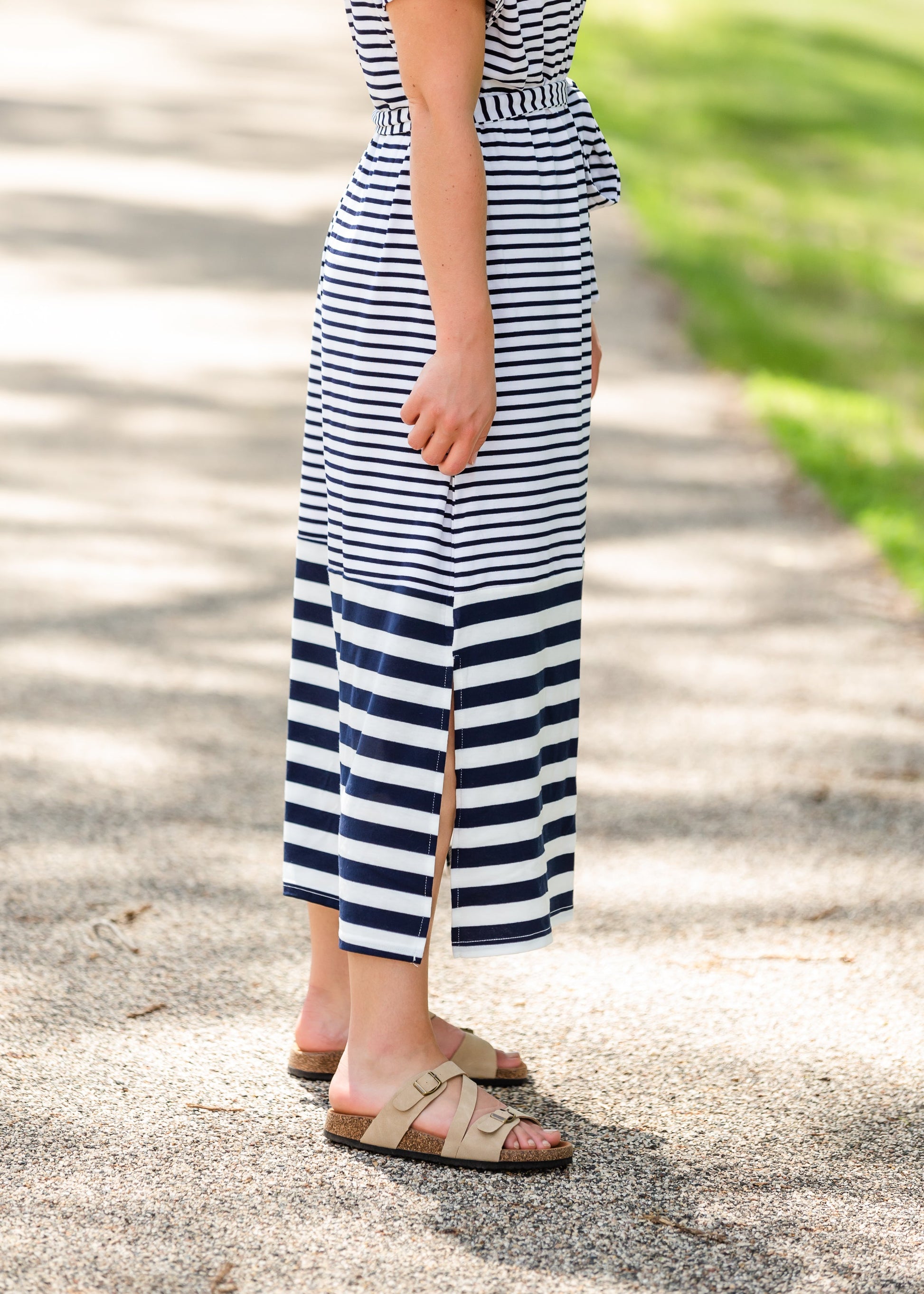 Navy and White Striped Tie Midi Dress Dresses