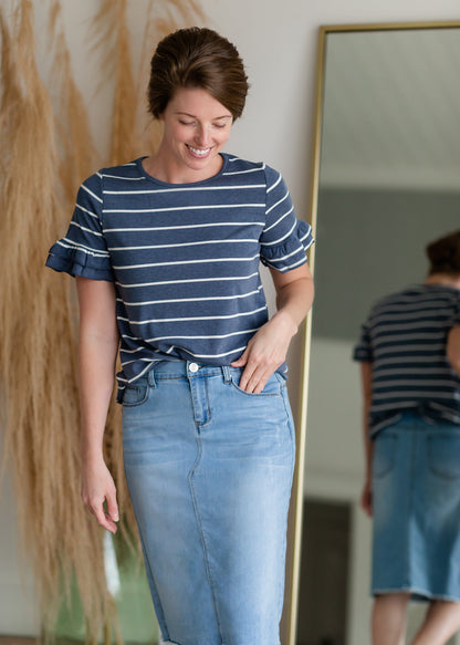 Navy Blue Striped Ruffle Sleeve Top Shirt Hailey & Co