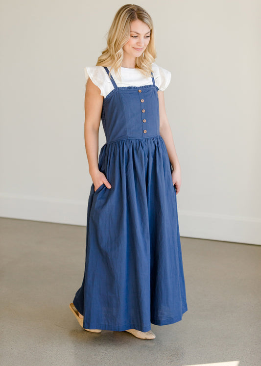 Navy Cotton Button Front Smocked Maxi Dress - FINAL SALE Dresses