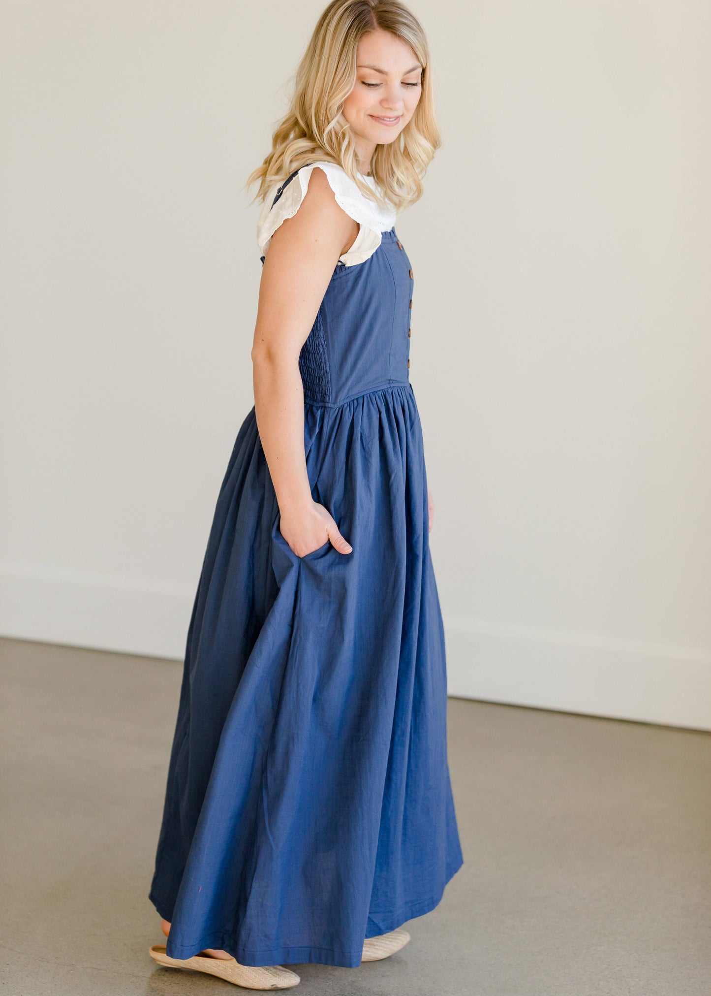 Navy Cotton Button Front Smocked Maxi Dress - FINAL SALE Dresses