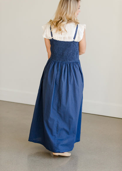 Navy Cotton Button Front Smocked Maxi Dress - FINAL SALE Dresses