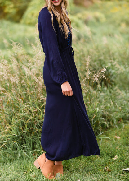 Navy Embroidered Tie Waist Maxi Dress Dresses