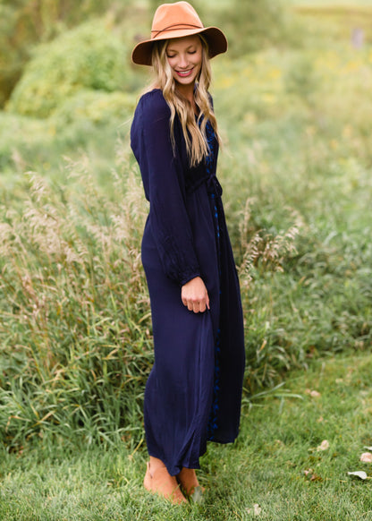 Navy Embroidered Tie Waist Maxi Dress Dresses