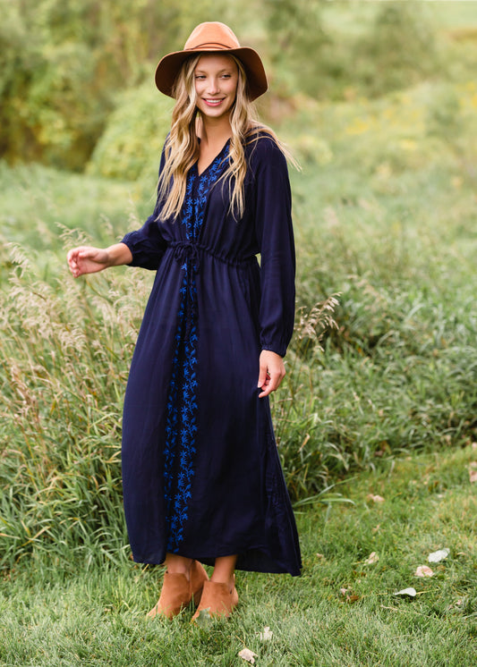 Navy Embroidered Tie Waist Maxi Dress Dresses