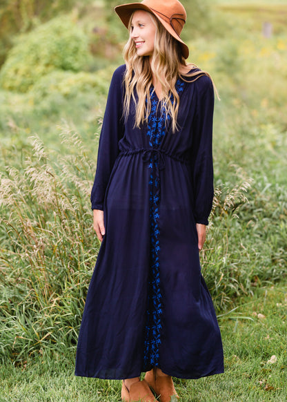 Navy Embroidered Tie Waist Maxi Dress Dresses