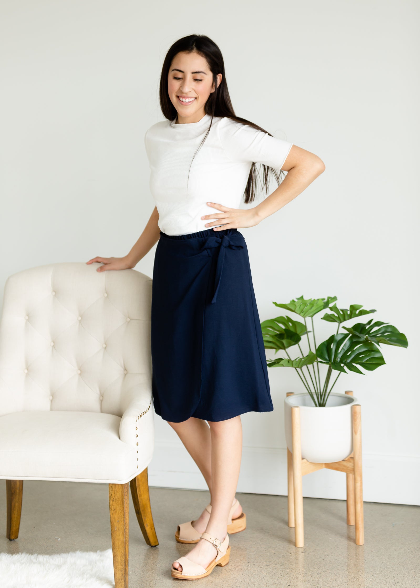 Navy Faux Wrap Tie Front Midi Skirt - FINAL SALE Skirts