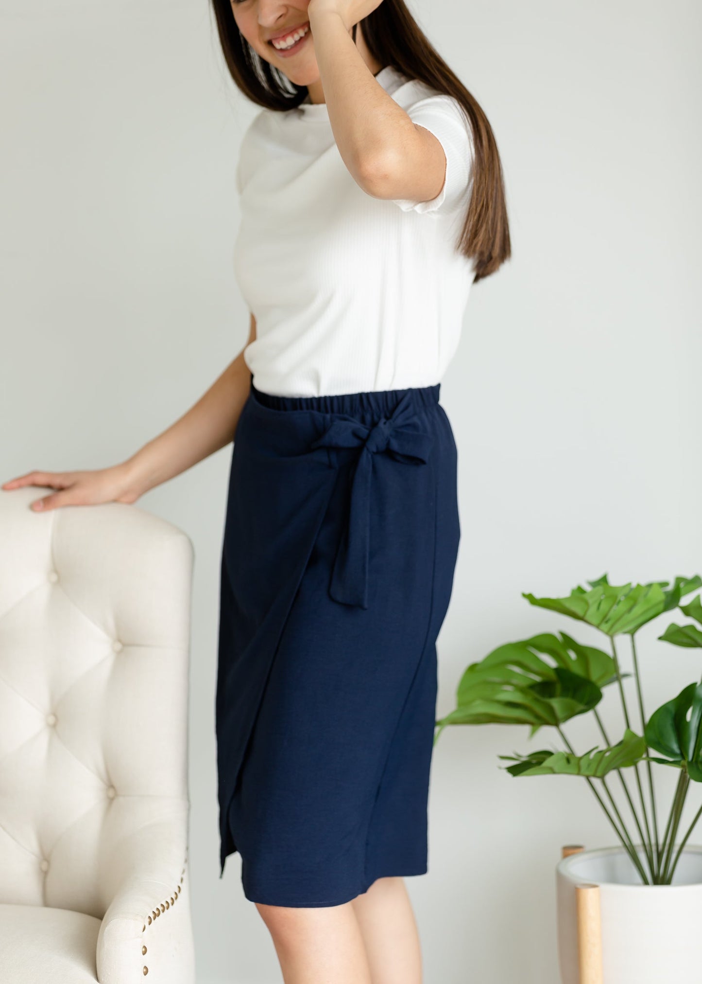 Navy Faux Wrap Tie Front Midi Skirt - FINAL SALE Skirts