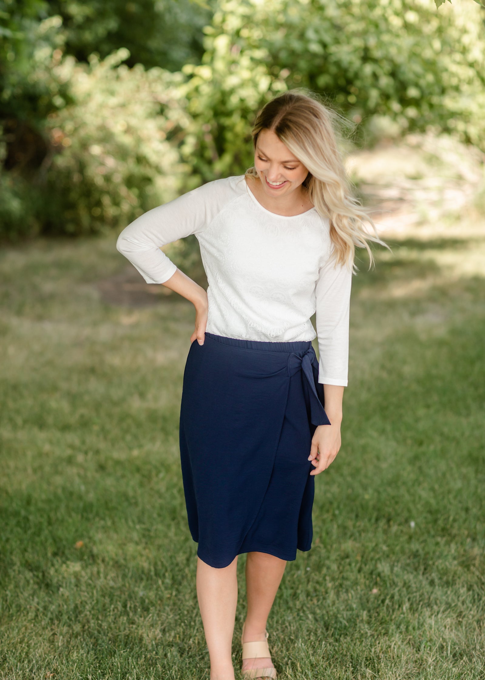 Navy Faux Wrap Tie Front Midi Skirt - FINAL SALE Skirts