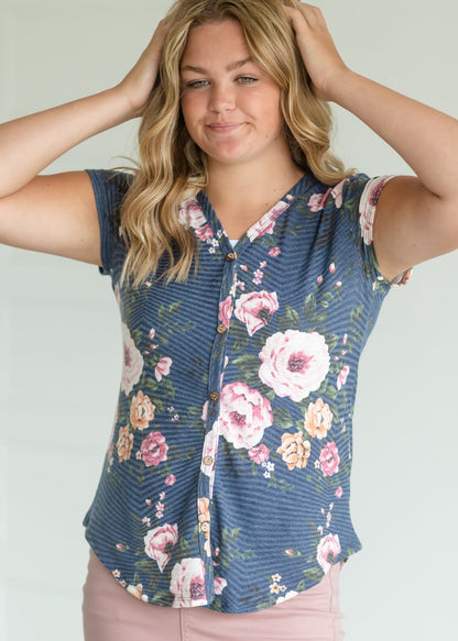 Navy Floral Print Faux Button Top Tops