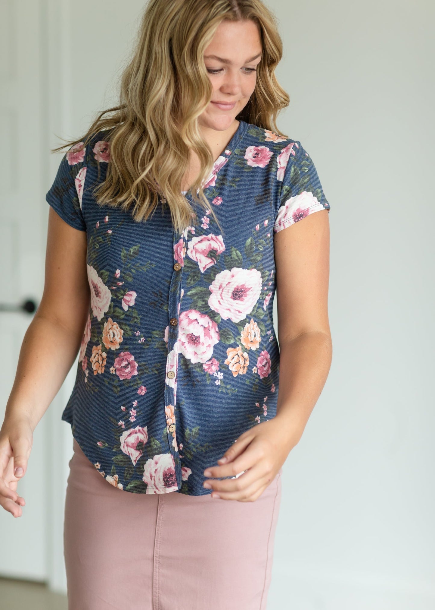 Navy Floral Print Faux Button Top Tops